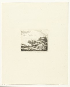 Landschap met twee wandelaars bij een hutje