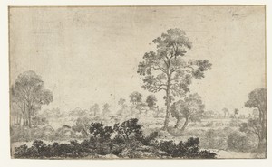 Landschap met twee wilgen bij grote boom