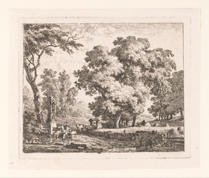 Landschap met vee dat water drinkt bij een kapel