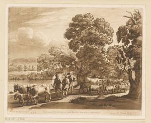 Landschap met vee en drie pratende herders aan een rivieroever