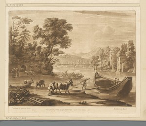 Landschap met vee en pont op een rivier