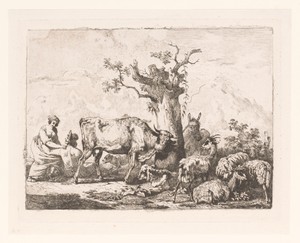 Landschap met vee rondom een boom en een man en vrouw die elkaar omarmen