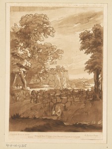 Landschap met veedrijvers en vee lopend over een stenen brug
