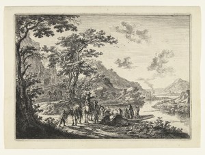 Landschap met veerpont en wachtende reizigers aan oever van de Tiber