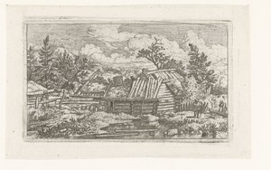 Landschap met vervallen huis en zagende man