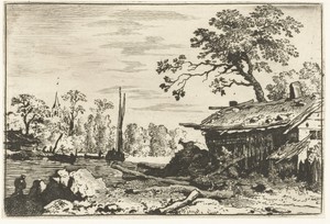 Landschap met vervallen hut aan het water
