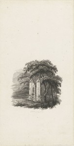 Landschap met vervallen monument in een waterplas