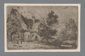 Landschap met vier figuren bij een boerderij