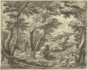 Landschap met vier jonge vrouwen aan de oever van een rivier
