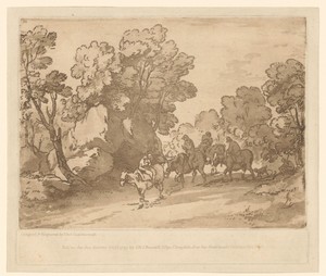 Landschap met vier ruiters op een bospad