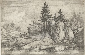 Landschap met vier sparren bij een hut