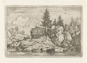 Landschap met vier sparren bij hut