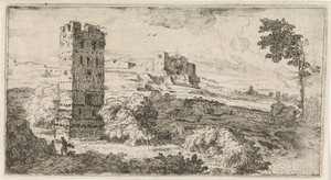 Landschap met vierkante toren