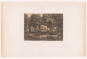 Landschap met vijver en dansende figuren op de achtergrond