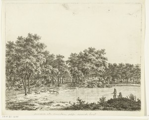 Landschap met vijver en twee hengelende vissers