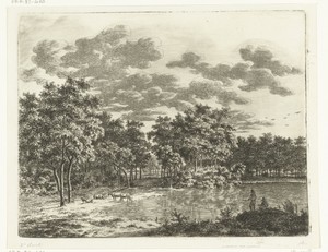 Landschap met vijver en twee hengelende vissers