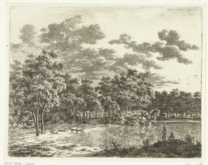 Landschap met vijver en twee hengelende vissers