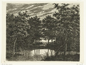 Landschap met vijver, links zit een visser met een puntige hoed