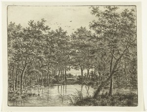 Landschap met vijver, links zit een visser met een puntige hoed