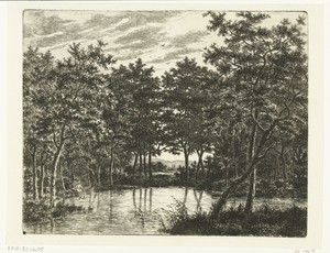 Landschap met vijver, links zit een visser met puntige hoed