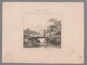 Landschap met visser bij een beek
