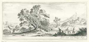 Landschap met visser, boom en ruiters
