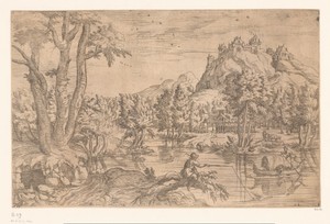 Landschap met visser en kasteel op bergtop