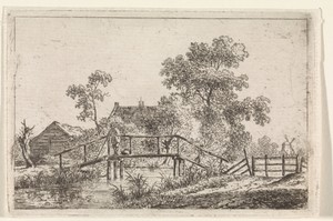 Landschap met visser op brug