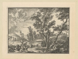 Landschap met vissers aan de oever van een rivier