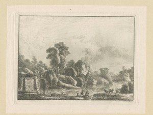 Landschap met vissers aan de oever van een rivier en een reiziger op een brug
