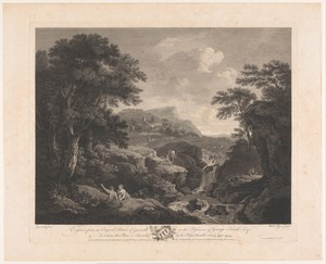 Landschap met vissers bij een waterval
