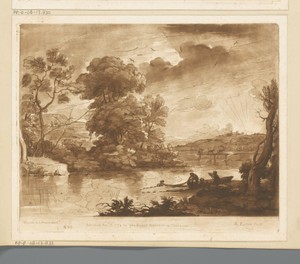 Landschap met vissers die een net binnenhalen bij zonsondergang