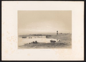 Landschap met vissers en boten op een meer