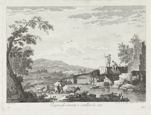 Landschap met vissers en herder met kudde bij rivier