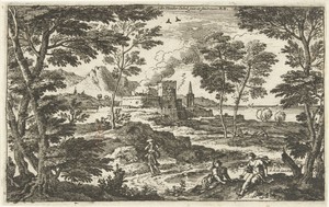 Landschap met voetganger en kasteel