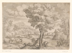 Landschap met vogel op boomstronk