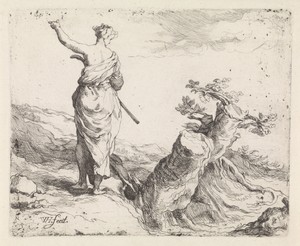 Landschap met vrouw bij een boomstronk