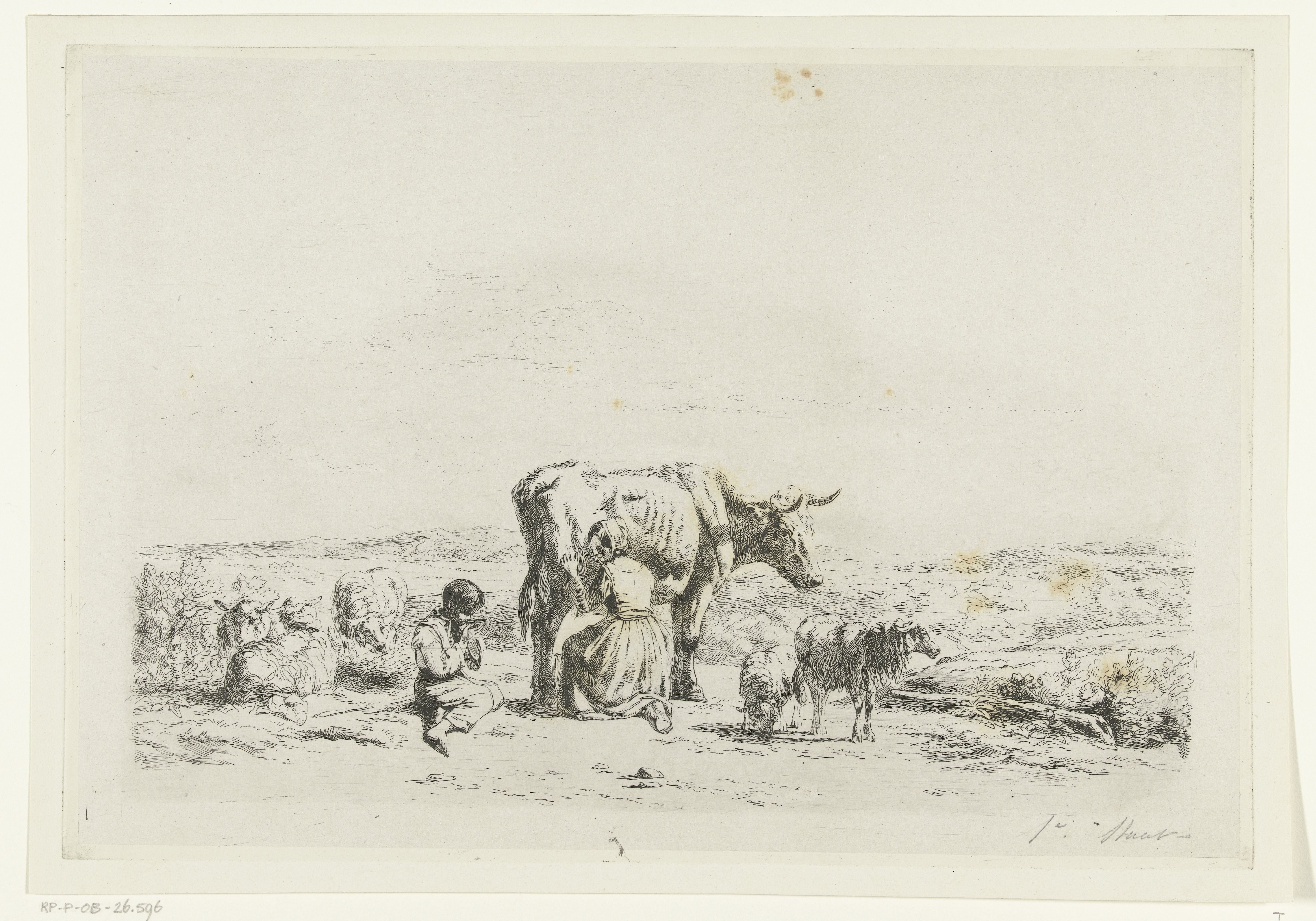 Landschap met vrouw die koe melkt en jongen met schapen by Simon van den Berg