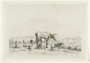 Landschap met vrouw die koe melkt en jongen met schapen