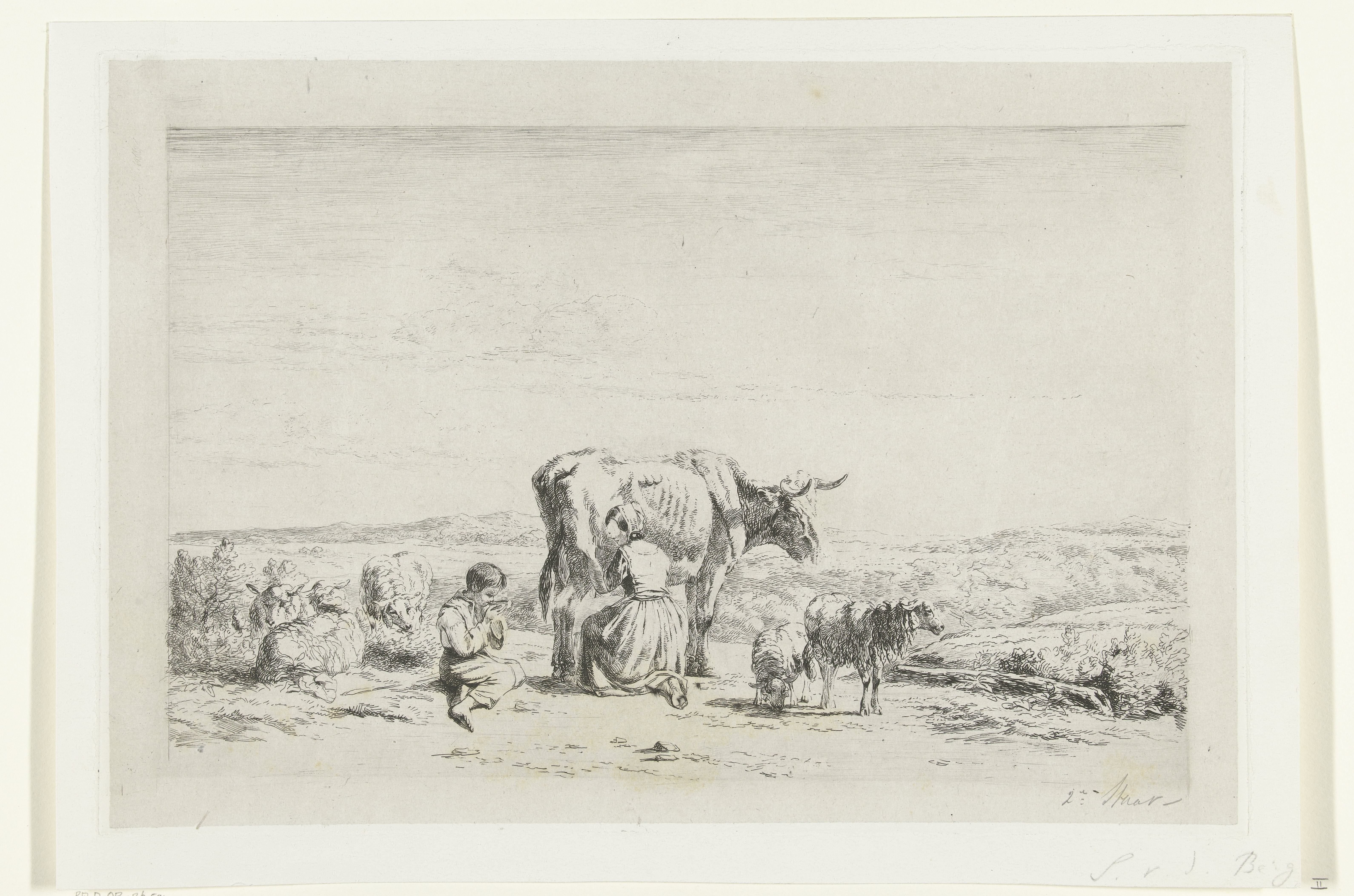 Landschap met vrouw die koe melkt en jongen met schapen by Simon van den Berg