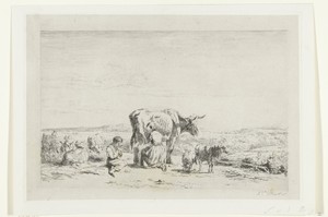 Landschap met vrouw die koe melkt en jongen met schapen