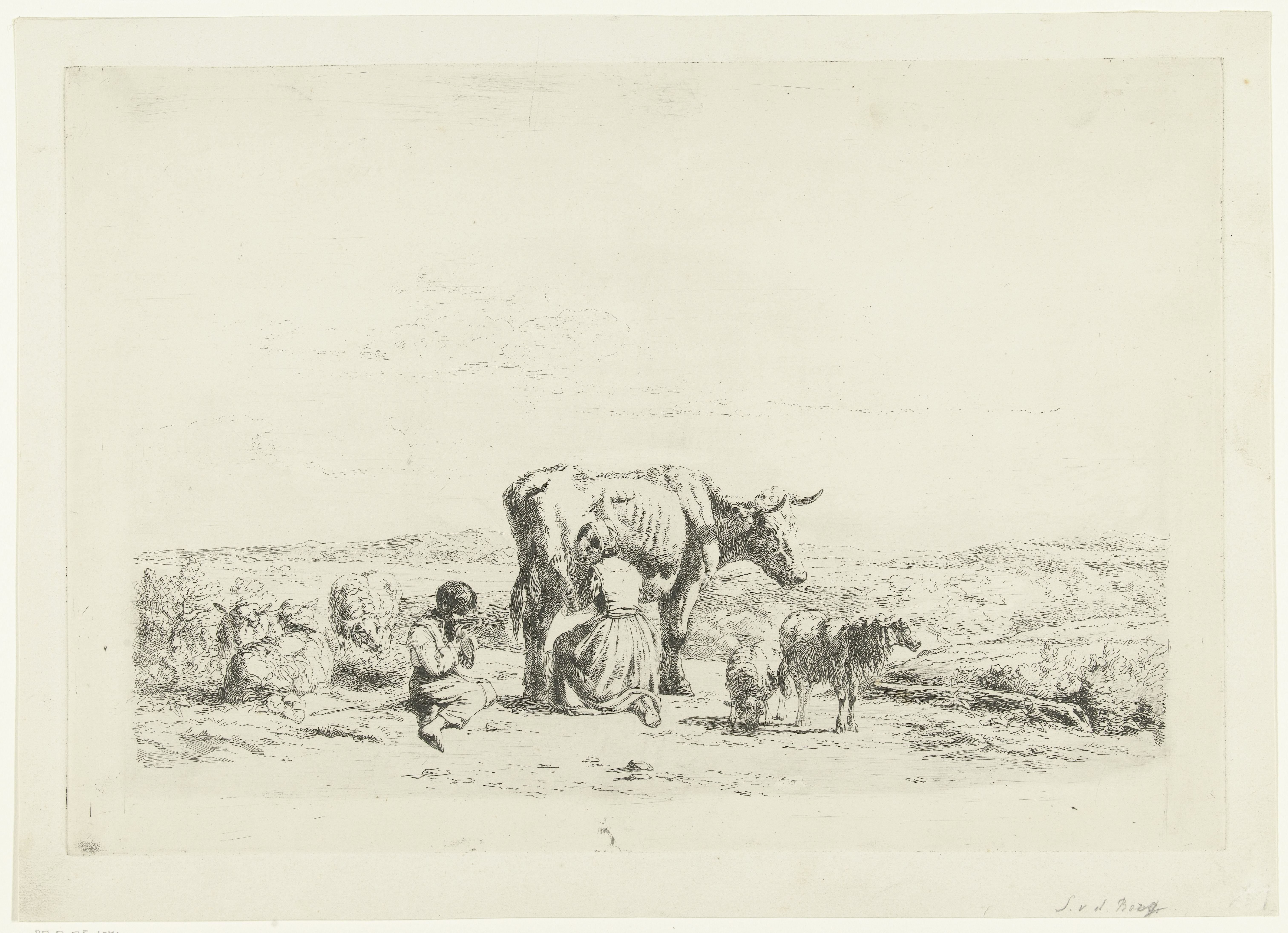 Landschap met vrouw die koe melkt en jongen met schapen by Simon van den Berg