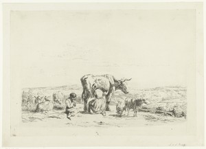 Landschap met vrouw die koe melkt en jongen met schapen