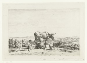 Landschap met vrouw die koe melkt en jongen met schapen