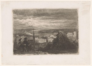 Landschap met vrouw en kunstenaar die de lager gelegen stad tekent