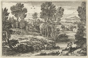 Landschap met vrouw lopend langs rivier