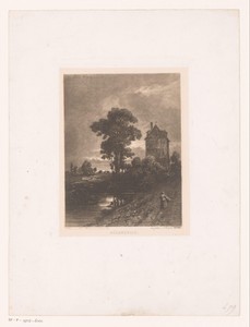 Landschap met vrouw lopend naar een huis