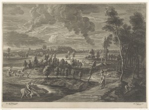 Landschap met vrouw met kruik op hoofd