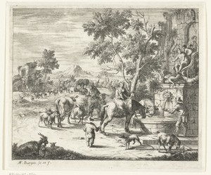 Landschap met vrouw op paard dat drinkt bij fontein