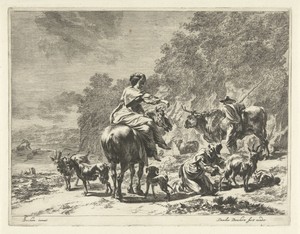 Landschap met vrouw te paard en een herderin die een geit melkt